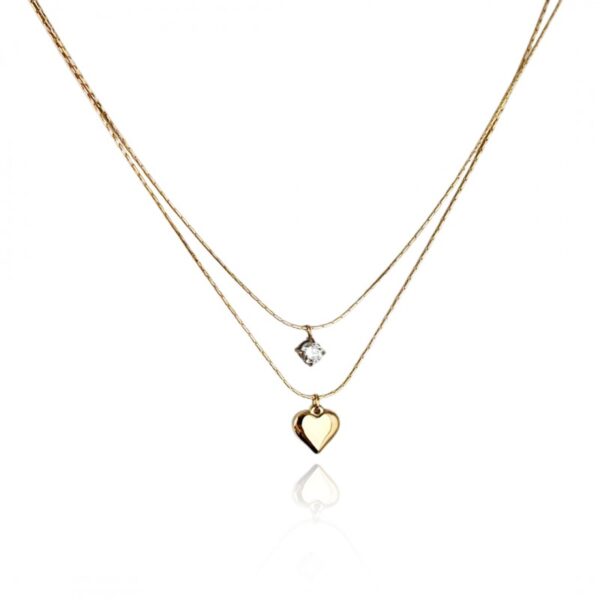 Naszyjnik pozłacany podwójny łańcuszek serce i cyrkonia - Diamond heart - obrazek 2